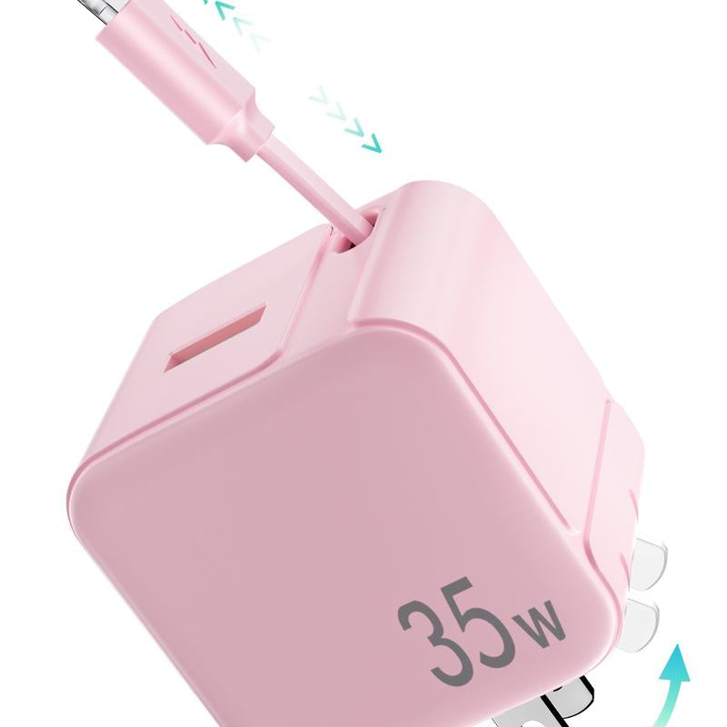 SPGUARD! Retractable Wall Charger,35W PD Fast USB Charger Block with Retractable Type-C Cable ,Portable Charger Adapter with Foldable Plug for Iphone 17/16/15,Iphone 17 Air,Iphone 17 Pro,Iphone 17 Pro Max,Airpods Pro 3Galaxy,Pixel,And Multiple Devices