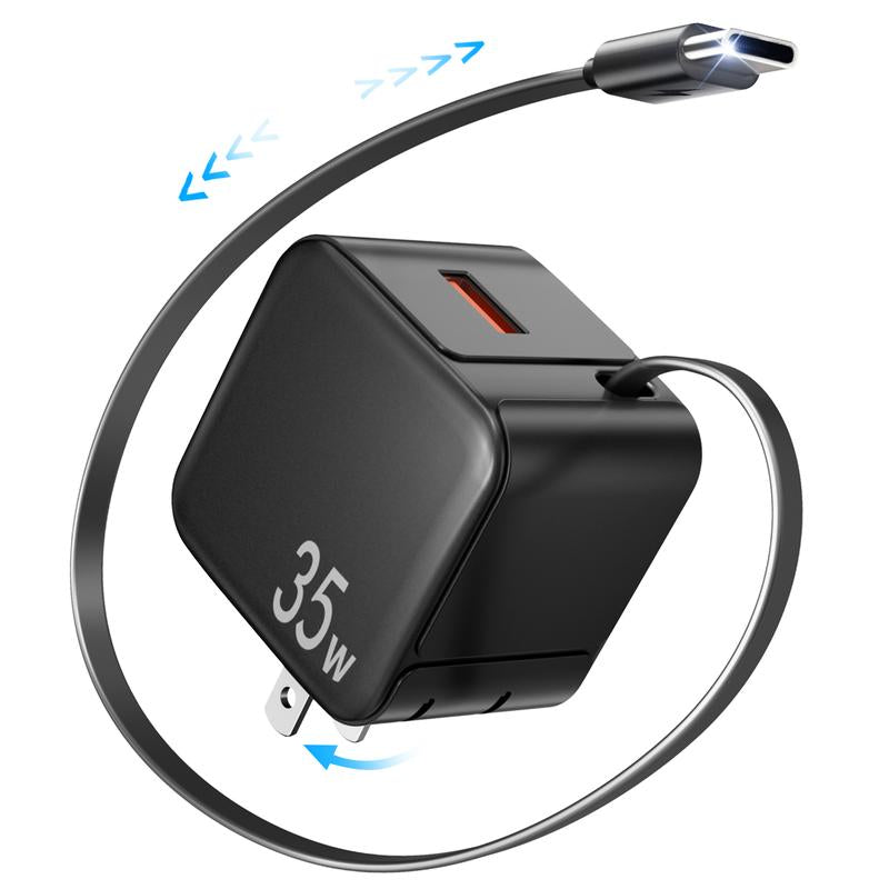 SPGUARD! Retractable Wall Charger,35W PD Fast USB Charger Block with Retractable Type-C Cable ,Portable Charger Adapter with Foldable Plug for Iphone 17/16/15,Iphone 17 Air,Iphone 17 Pro,Iphone 17 Pro Max,Airpods Pro 3Galaxy,Pixel,And Multiple Devices