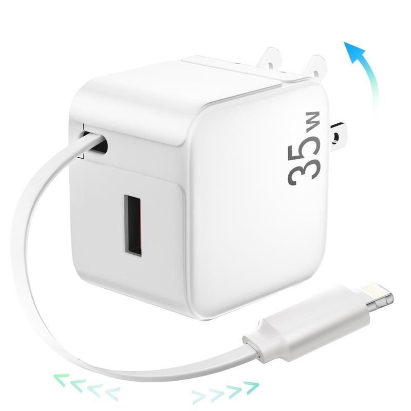 SPGUARD! Retractable Wall Charger,35W PD Fast USB Charger Block with Retractable Type-C Cable ,Portable Charger Adapter with Foldable Plug for Iphone 17/16/15,Iphone 17 Air,Iphone 17 Pro,Iphone 17 Pro Max,Airpods Pro 3Galaxy,Pixel,And Multiple Devices