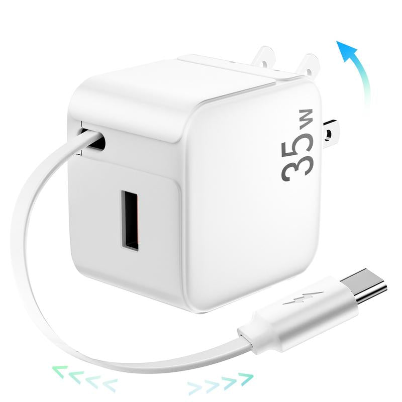 SPGUARD! Retractable Wall Charger,35W PD Fast USB Charger Block with Retractable Type-C Cable ,Portable Charger Adapter with Foldable Plug for Iphone 17/16/15,Iphone 17 Air,Iphone 17 Pro,Iphone 17 Pro Max,Airpods Pro 3Galaxy,Pixel,And Multiple Devices