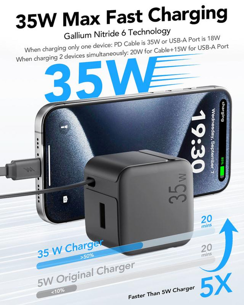 SPGUARD! Retractable Wall Charger,35W PD Fast USB Charger Block with Retractable Type-C Cable ,Portable Charger Adapter with Foldable Plug for Iphone 17/16/15,Iphone 17 Air,Iphone 17 Pro,Iphone 17 Pro Max,Airpods Pro 3Galaxy,Pixel,And Multiple Devices