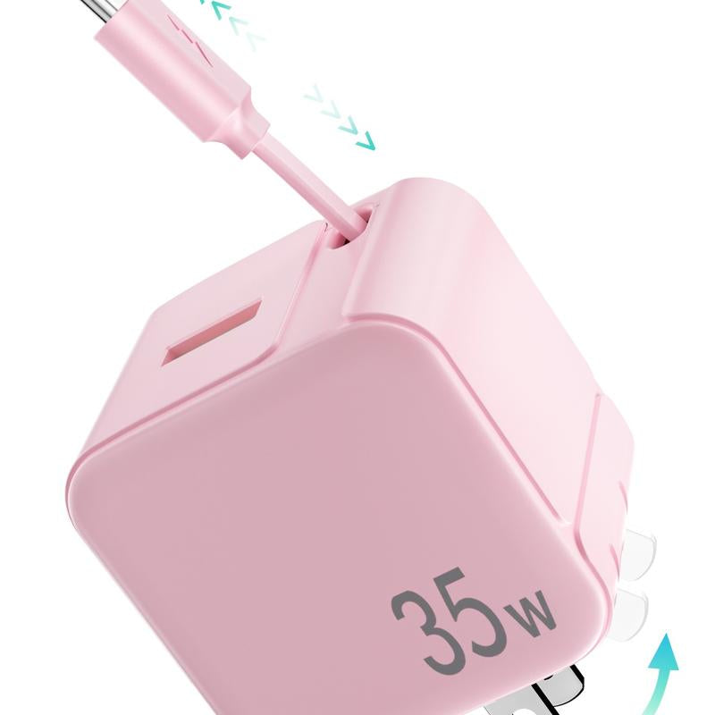 SPGUARD! Retractable Wall Charger,35W PD Fast USB Charger Block with Retractable Type-C Cable ,Portable Charger Adapter with Foldable Plug for Iphone 17/16/15,Iphone 17 Air,Iphone 17 Pro,Iphone 17 Pro Max,Airpods Pro 3Galaxy,Pixel,And Multiple Devices