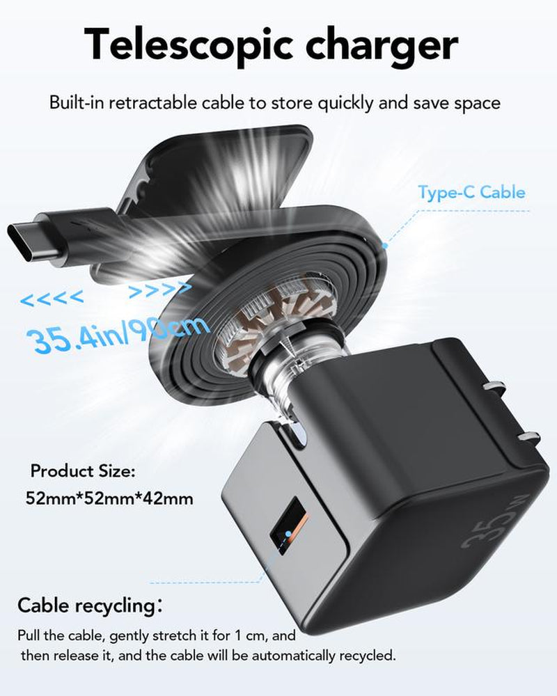 SPGUARD! Retractable Wall Charger,35W PD Fast USB Charger Block with Retractable Type-C Cable ,Portable Charger Adapter with Foldable Plug for Iphone 17/16/15,Iphone 17 Air,Iphone 17 Pro,Iphone 17 Pro Max,Airpods Pro 3Galaxy,Pixel,And Multiple Devices