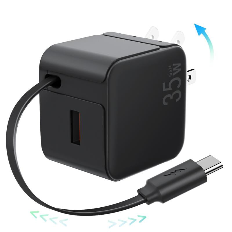SPGUARD! Retractable Wall Charger,35W PD Fast USB Charger Block with Retractable Type-C Cable ,Portable Charger Adapter with Foldable Plug for Iphone 17/16/15,Iphone 17 Air,Iphone 17 Pro,Iphone 17 Pro Max,Airpods Pro 3Galaxy,Pixel,And Multiple Devices